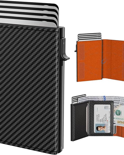 typecase Mens Wallet Card Holder: Pop Up Aluminum Case, Carbon Fiber Leather, Smart, RFID Blocking, Slim, Minimalist, Front Pocket - 9-14 Card Capacity | ID Window | Cash Slot (Orange)