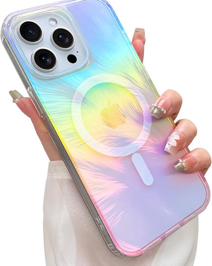 Glitter Case for iPhone 14 Pro Max Case for Women Girls [ Compatible with Magsafe ] Clear Cute Aesthetic Girly Iridescent Feather Sparkly Bling Magnetic Phone Cover, Gradient Blue & Pink