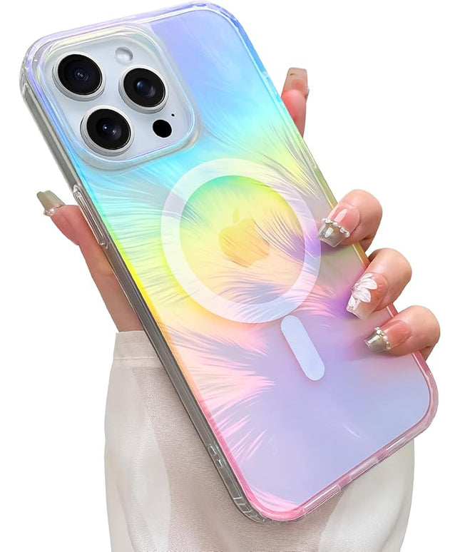 Glitter Case for iPhone 13 Pro Case for Women Girls [ Compatible with Magsafe ] Clear Cute Aesthetic Girly Iridescent Feather Sparkly Bling Magnetic Phone Cover, Gradient Blue & Pink