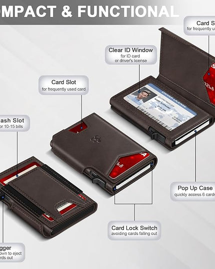 Wallet for Men Wallet with Slim Pop Up Card Holder 9-13 Cards, Bifold Minimalist Smart Wallet RFID Blocking Credit Card Holder with ID Window & Stretchable Cash Slot Compact Metal Aluminum Card Case