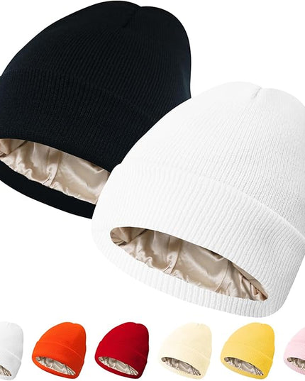 PFFY 2 Packs Womens Satin Lined Beanie Hat Silk Lining Winter Hats Beanies for Women Soft Slouchy Beanie Skull Cap
