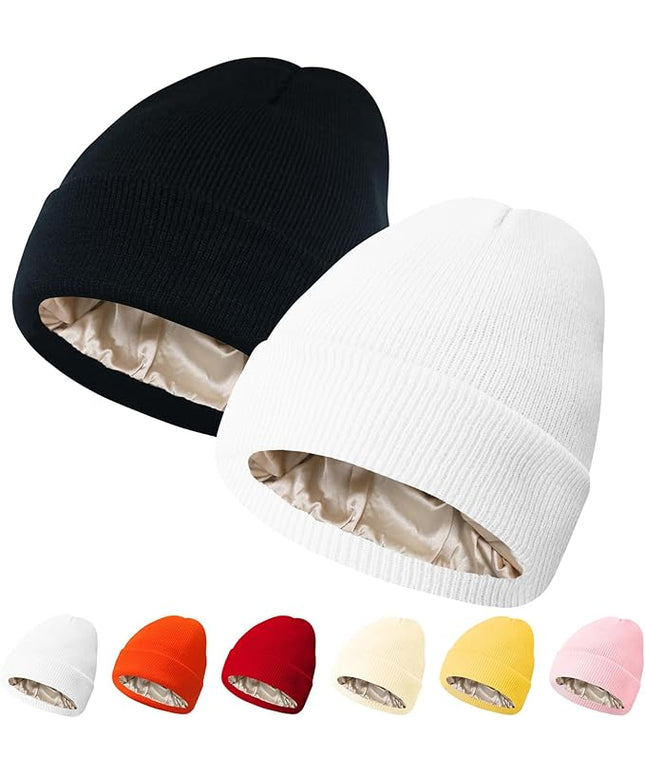 PFFY 2 Packs Womens Satin Lined Beanie Hat Silk Lining Winter Hats Beanies for Women Soft Slouchy Beanie Skull Cap