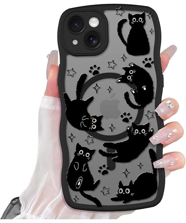 Cute Case for iPhone 14 Case [Compatible with MagSafe] with Kawaii Black Cats Cat Print Pattern Design for Women Girls, Soft Wavy Edge Anti-Slip Animal Magnetic Protective Phone Cover