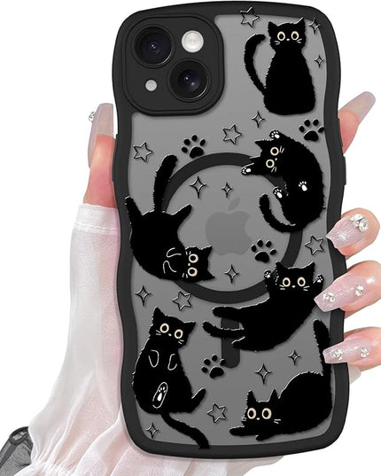 Cute Case for iPhone 13 Case [Compatible with MagSafe] with Kawaii Black Cats Cat Print Pattern Design for Women Girls, Soft Wavy Edge Anti-Slip Animal Magnetic Protective Phone Cover