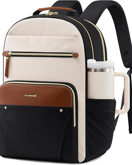 LOVEVOOK Laptop Backpack for Women, 15.6" Work Backpack Purse, Travel Personal Item Bag, Carry On Business Computer Bag, Casual Daypack for Office, School, or Gift, Cream Chestnut Brown