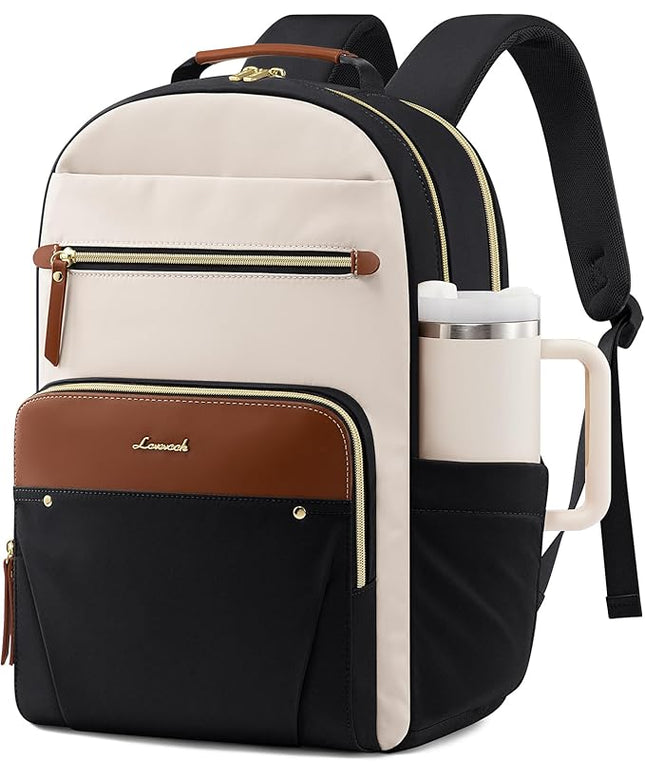 LOVEVOOK Laptop Backpack for Women, 15.6" Work Backpack Purse, Travel Personal Item Bag, Carry On Business Computer Bag, Casual Daypack for Office, School, or Gift, Cream Chestnut Brown