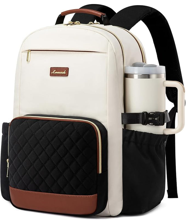 LOVEVOOK Laptop Backpack for Women with Pouch Pocket for Large Capacity Cup,15.6 Inch Teacher Nurse College Work Travel Backpack Purse,Waterproof Laptop Computer Bags,Beige-Black-Brown+Diamond-shaped