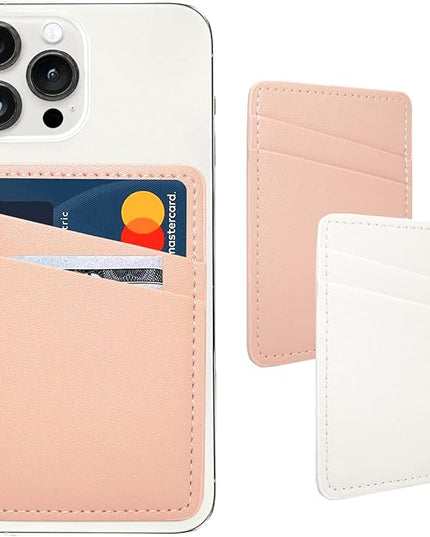 Phone Wallet, Leather Phone Card Holder Adhesive Stick On Credit Card Pocket for Back of Phone Case for iPhone and Android-White, Pink