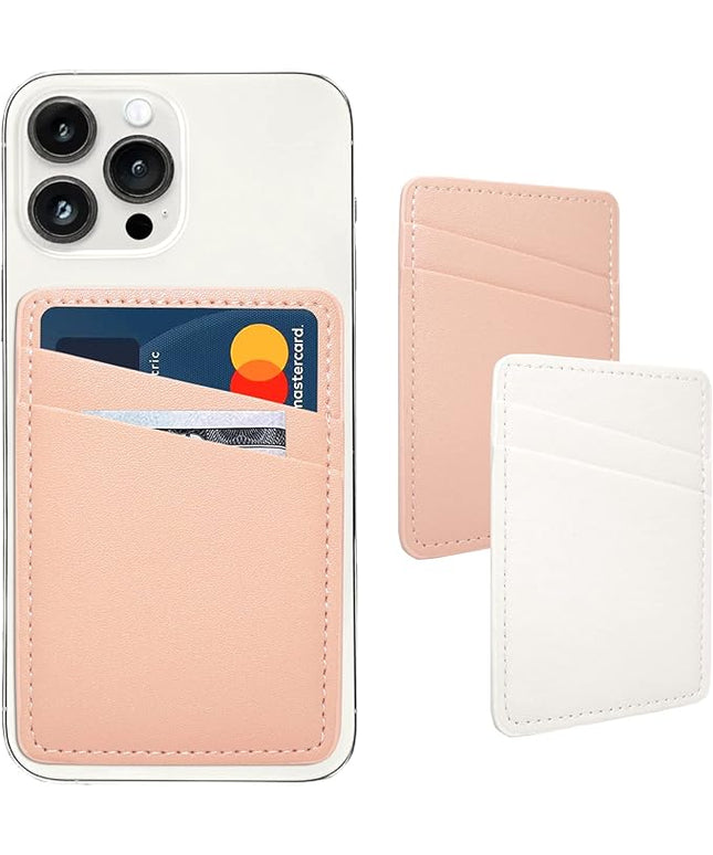 Phone Wallet, Leather Phone Card Holder Adhesive Stick On Credit Card Pocket for Back of Phone Case for iPhone and Android-White, Pink