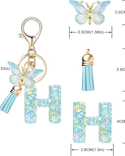 Fashion Alphabet Initial Letter Keychain Tassel Butterfly Pendant Key Ring for Purse Handbags Women Girl
