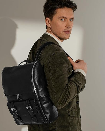 Time Resistance Leather Backpack - Laptop Travel Bag Rucksack up to 15” - Bag for Men and Women (Black)