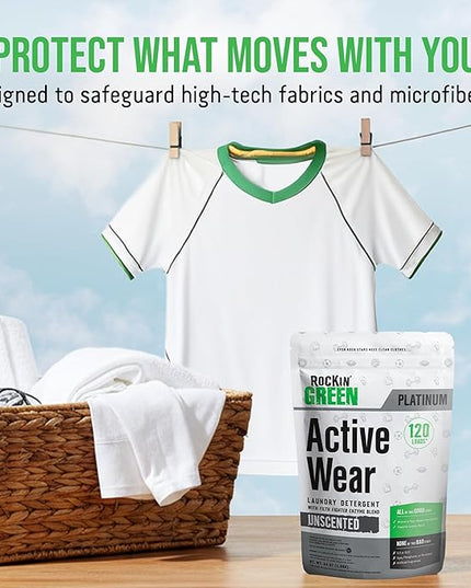 Rockin' Green Laundry Detergent, Plant based, All Natural Laundry Detergent Powder, Vegan and Biodegradable Odor Fighter, Safe for Sensitive Skin (Active Wear 120 Loads - Unscented)