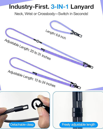 Phone Lanyard Crossbody, 3-in-1 Neck Strap& Wrist Strap, Adjustable Anti-Theft Lanyard with 2 Phone Tether Tabs, Universal CellPhone Strap for All Case, Travel Essential, Purple