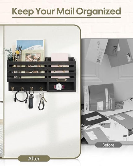 FifthQuarter Key Holder for Wall: Easy Mounted Key Rack and Mail Organizer with Store Shelf and Four Sturdy Keys Hooks Decor in Kitchen|Farmhouse|Entryway|Mudroom (Black)