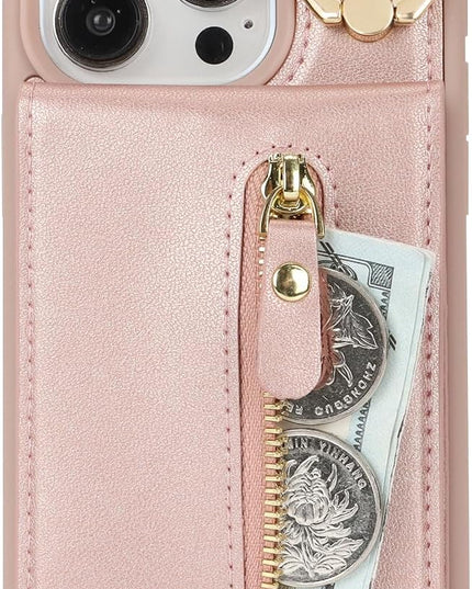 for iPhone 15 Pro Wallet Case with Card Holder, for iPhone 15 Pro Case Wallet with Strap Credit Card Slot, Crossbody Bag with Zipper Case for iPhone15 Pro- Rose Gold