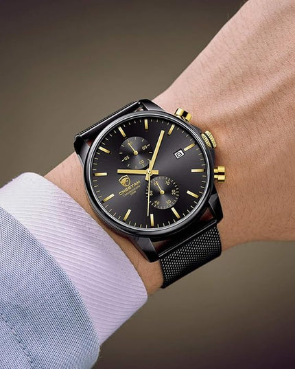 GOLDEN HOUR Mens Watch Fashion Sleek Minimalist Quartz Analog Mesh Stainless Steel Waterproof Chronograph Watches for Men with Auto Date