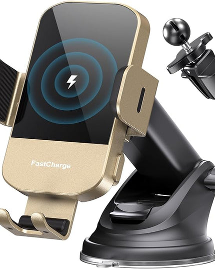 CHGeek Wireless Car Charger, 15W Fast Charging Auto Clamping Car Charger Phone Mount Phone Holder fit for iPhone 15 14 13 12 11 Pro Max Xs, Samsung Galaxy S25 Ultra S24 S23 S22, S21, S20, Golden