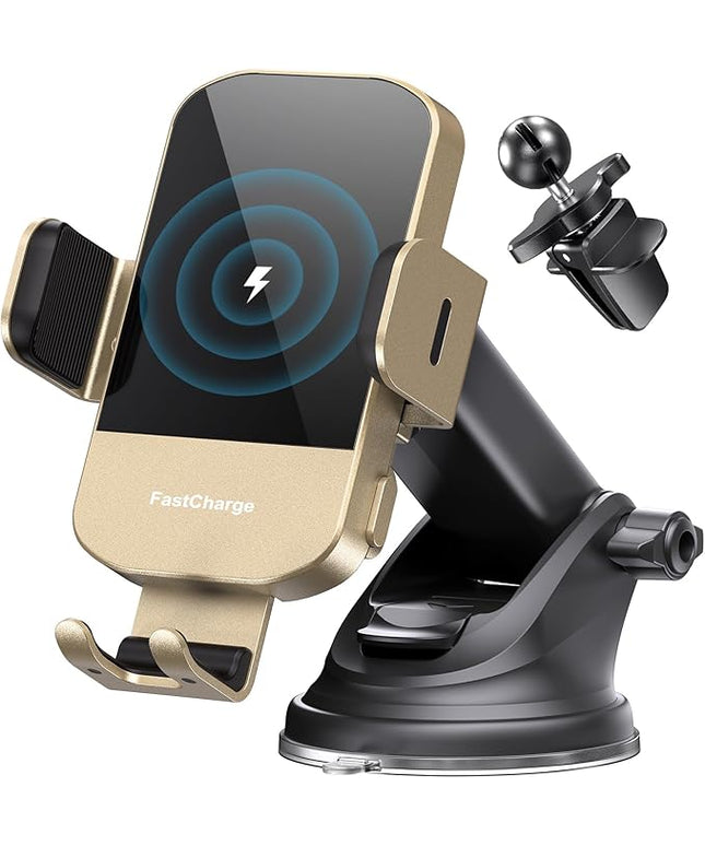 CHGeek Wireless Car Charger, 15W Fast Charging Auto Clamping Car Charger Phone Mount Phone Holder fit for iPhone 15 14 13 12 11 Pro Max Xs, Samsung Galaxy S25 Ultra S24 S23 S22, S21, S20, Golden