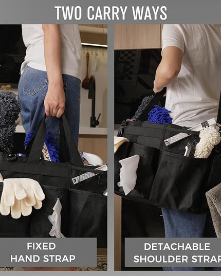 Wearable Cleaning Caddy Organizer with Handle & Shoulder Straps for Housekeepers, Under Sink & Car Cleaning Tool Organizer Bag with 4 Foldable Dividers (Black)