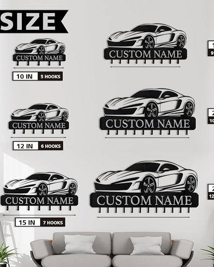 Dyoart Personalized Key Holder Wall Mount - Custom Key Rack Wall Mount with Hooks, Metal Key Rack Organizer, Car Design Key Hanger, Coat Rack, Wall Mounted Decor for Entryway, Front Door, Office