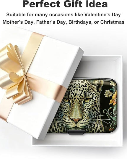 ELFISH Mini RFID Aluminum Wallet Credit Cards Holder Business Card Case Metal ID Case for Men Women(Black Leopard)
