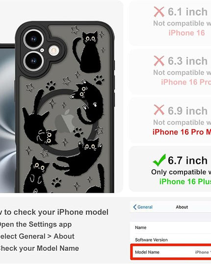 Cute Magnetic Case for iPhone 16 Plus Case [ Compatible with MagSafe ] with Black Cat Cats Pattern Design for Women Girls Boys, Soft Bumper Hard Back Kawaii Animal Protective Phone Cover
