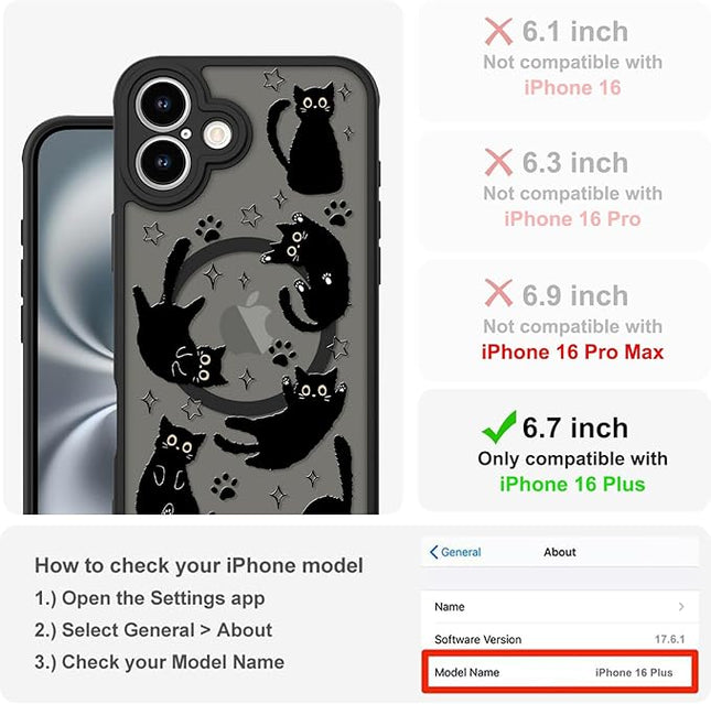 Cute Magnetic Case for iPhone 16 Plus Case [ Compatible with MagSafe ] with Black Cat Cats Pattern Design for Women Girls Boys, Soft Bumper Hard Back Kawaii Animal Protective Phone Cover