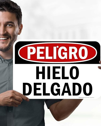 Danger Thin Ice Spanish Sign, 12x18 Inches, Rust Free .063 Aluminum, Fade Resistant, Made in USA by My Sign Center
