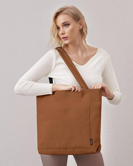 Prite Corduroy Tote Bag for Women Large Shoulder Bag with Zipper and Pockets for College Work Travel Shopping