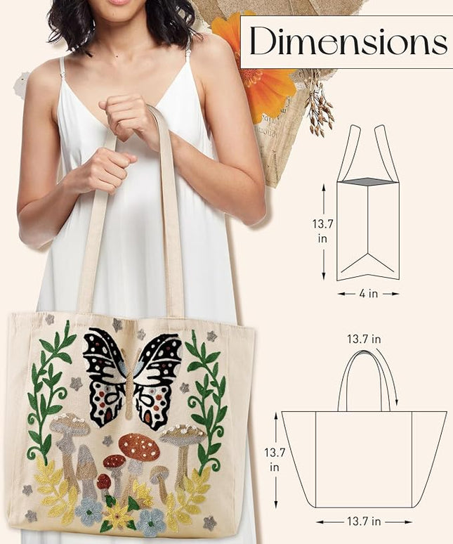 Aesthetic Embroidery Tote Bag for Women - Reusable Canvas Cute Shoulder Bag for Shopping, Grocery, Work, Book