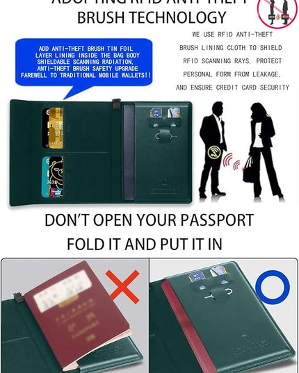 Passport Holder for Travel Essentials, RFID Blocking PU Leather Passport Wallet Cover Card holder Case Passport Book Holders for Women and Men, Dark Green