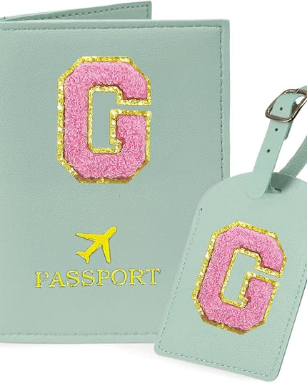 COSHAYSOO Initial Passport Cover Luggage Tag Set Letter Passport Holder Airplane Cruise Travel Essentials Vacation Traveling Accessories Personalized Gifts for Women Teen College Girls Teal G