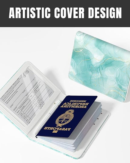 Rimilak Passport Holder, RFID Blocking Passport Cover Wallet Travel Essentials, Leather Travel Air Ticket Documents Organizer Protector for Women and Men, Green Marble