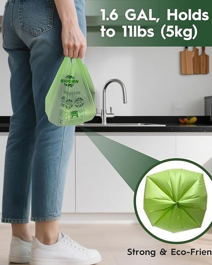 Compostable Trash Bags 1.2-1.6 Gallon Handle Tie 50 Count 0.6 Mil 6.06 Liter Small Compost Bags for Countertop Bin Biodegradable Bags Green for Kitchen ASTM D6400 & BPI Certified, OK Compost Home