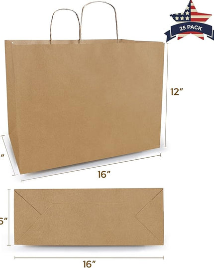Qutuus Large Kraft Paper Bags - 16x6x12 Inch, 25 Pcs, Brown with Handles for Boutiques, Birthdays