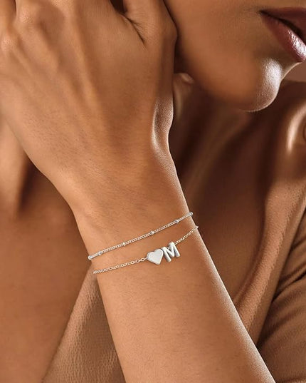 M MOOHAM Valentines Day Gifts for Kids Teen Girls -14K-Gold-Plated Heart Initial A-Z Bracelets for Women Girl Dainty Gold Bracelets Birthday Valentines Gifts for Women Her Teenage Girls Kid Teen Gift