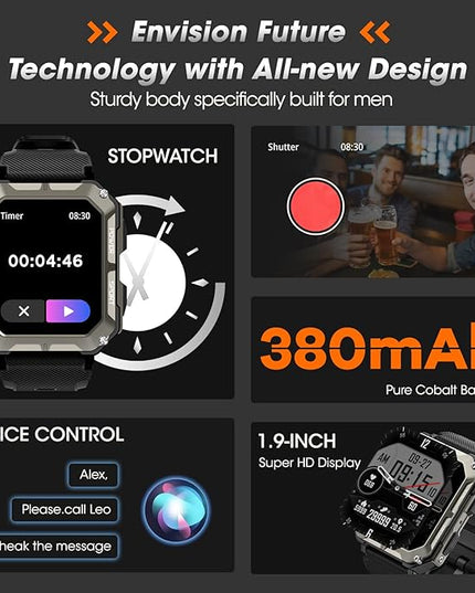 Military Smart Watches for Men (Answer/Make Call), 1.9" Outdoor Sports Fitness Tracker with Heart Rate, Blood Pressure, Sleep Monitor, 100M Waterproof Rugged Smart Watch for Android Phones and iPhone