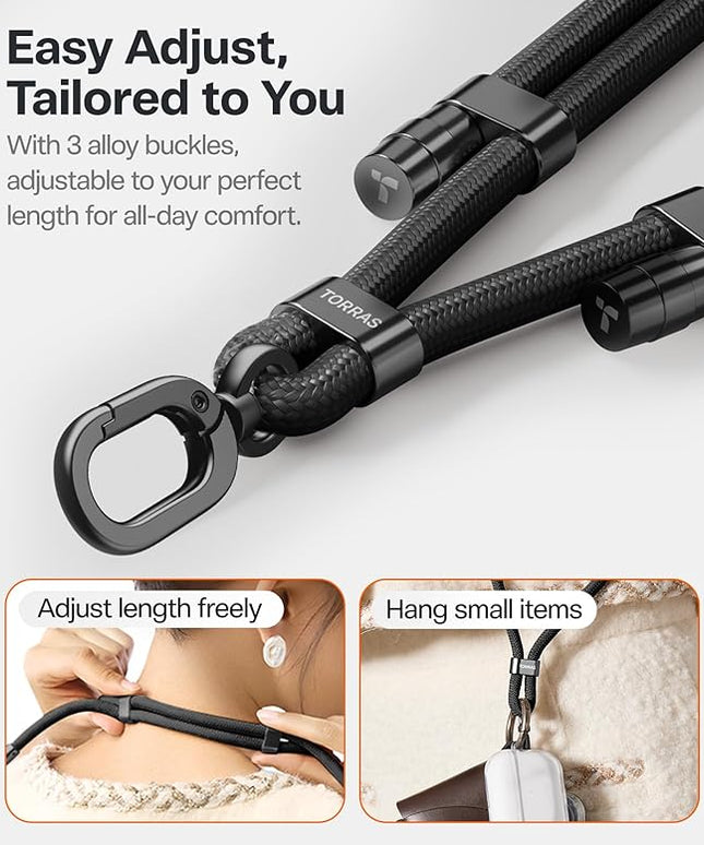 TORRAS Phone Lanyard Crossbody with 2 Phone Tabs, Adjustable Anti Theft Phone Strap for All Phones, Premium Metal Buckles, Skin-Friendly, Universal Cell Phone Neck lanyard for Travel Essentials, Black