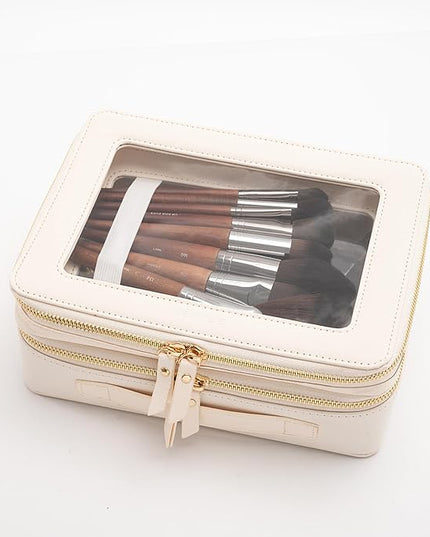 Aveniee Clear Makeup Bags, Double Layer Cosmetic Case with Separate Brush Compartment, Large Toiletry Organizer for Women, Travel Accessories Holder(2 Layers Large, White)