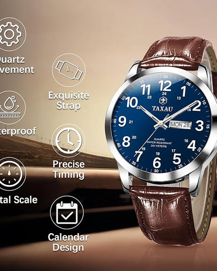 Men's Watches Leather Band Stainless Steel Quartz Analog Watch Luxury Waterproof Watches for Men Dress Men's Wrist Watch with Day Date Arabic Numeral Relojes para Hombre