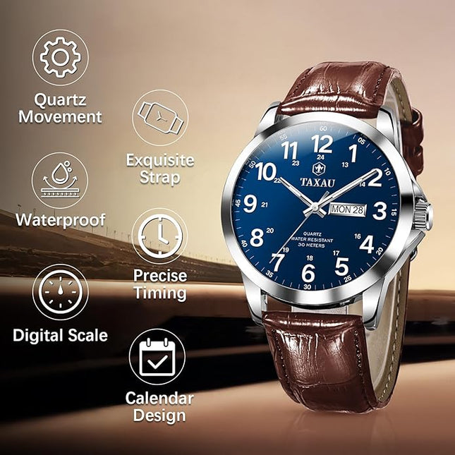 Men's Watches Leather Band Stainless Steel Quartz Analog Watch Luxury Waterproof Watches for Men Dress Men's Wrist Watch with Day Date Arabic Numeral Relojes para Hombre