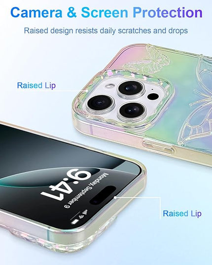 Cute Case for iPhone 16 Pro Max Case for Women Girls, with 3D Butterflies Pattern Design, Aesthetic Clear Iridescent Glitter Kawaii Girly Rainbow Protective Phone Cover