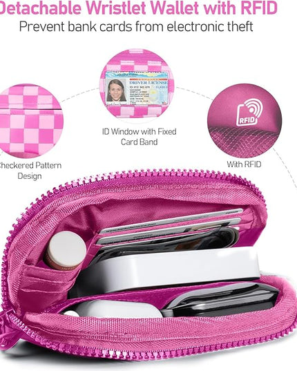 Clip and Go Strap for Phone with Wallet Crossbody Phone Lanyard and Detachable Checkered Bag with ID Window and RFID Pouch for Daily Travel.