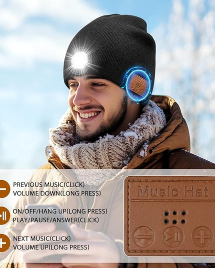 LED Beanie Hat with Bluetooth-Tech Gifts for Men and Women, Wireless Hat Beanie Cap Headlamp Music hat