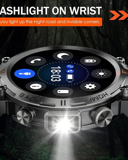 Military Smart Watch for Men with LED Flashlight 1.45” Rugged 3ATM Waterproof Smart Watch with 100+ Sports Modes Fitness Tracker with Heart Rate Sleep Monitor Tactical Smartwatch for iPhone Android