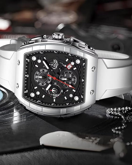Mens Watches,Unique Rectangular Quartz Analog Watch,Outdoor Sports Multi-Function Watch,Chronograph/Waterproof/Luminous/Calendar,Durable Silicone Strap Mens Casual Watches