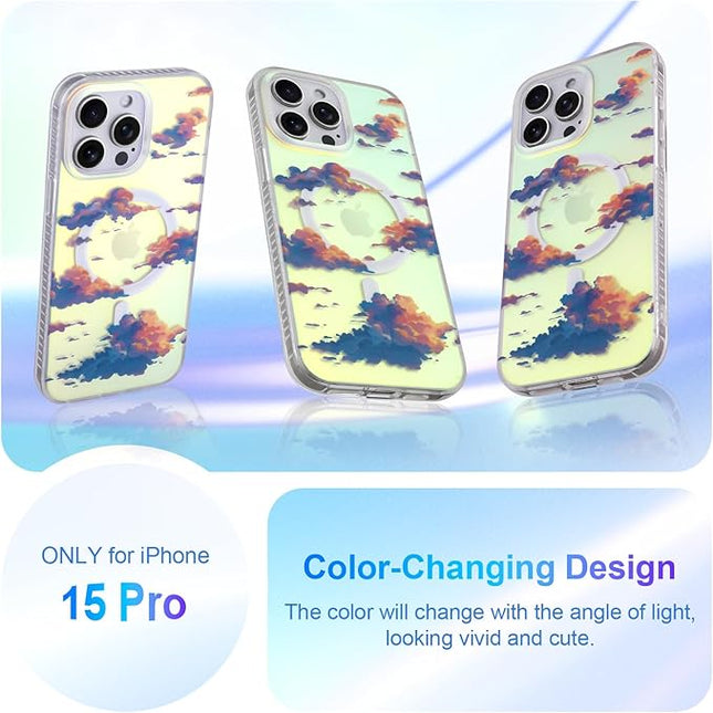 Cute Case for iPhone 15 Pro Case for Women Girls [ Compatible with Magsafe ] Aesthetic Cloud Pattern Design, Girly Glitter Sparkly Bling Protective Phone Cover, Iridescent Sun Set Sky