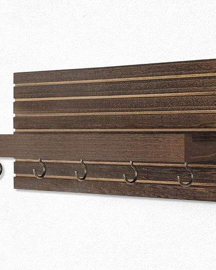 Lwenki Decorative Key Holder for Wall with Shelf, Entryway Shelf with Hooks Holds Leashes, Jackets and Glasses – Sturdy Wood Keyholder Entrance Hanger with Mounting Hardware (Brown, Medium)