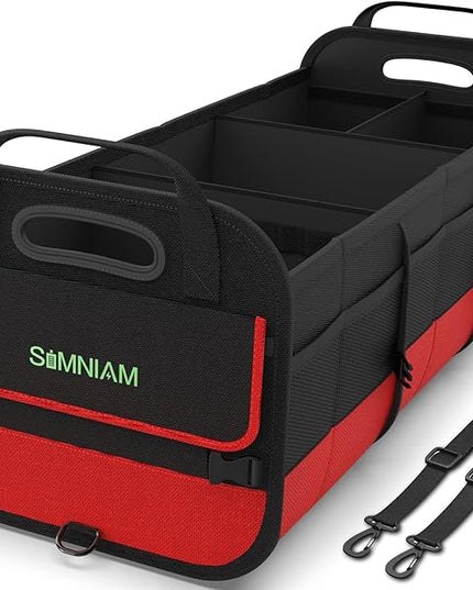 Simniam Large Trunk Organizer for Car, Foldable Multi Compartment Car Trunk Organizer with 2 Retractable Straps, Suitable for All Kinds of Cars, SUV, Minivan - 4 Compartments Red