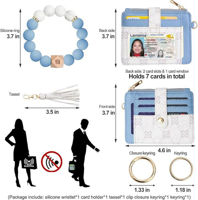 COOLANS Silicone Bracelet Wristlet Wallet Credit Card Holder RFID,ID Window,Key Ring Tassel,Slim Wallet Women Keychain Purse